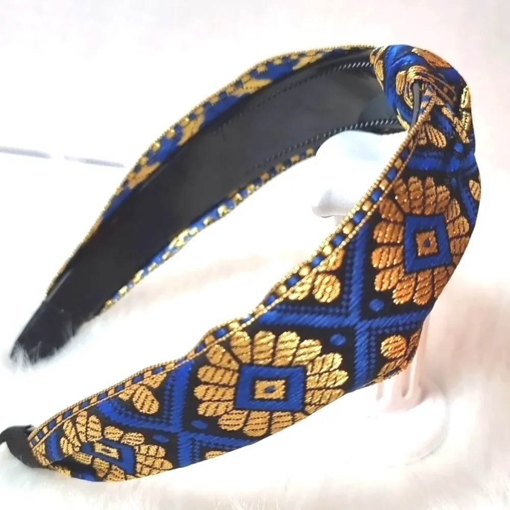 JEWELTONE JACQUARD SATIN FABRIC top knot royal blue gold black headband
